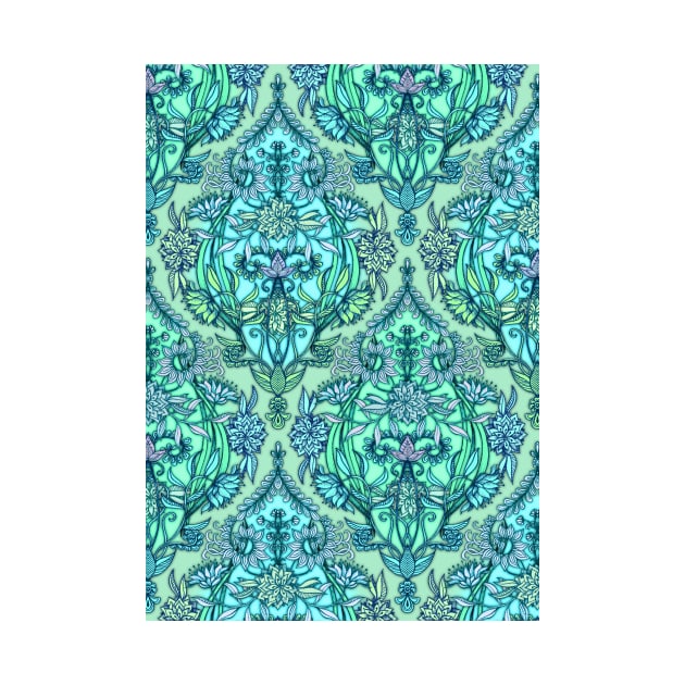 Botanical Moroccan Doodle Pattern in Mint Green, Lilac & Aqua by micklyn