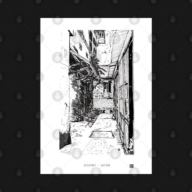 Alleyway Saigon Vietnam Pen and Ink Illustration by Wall-Art-Sketch