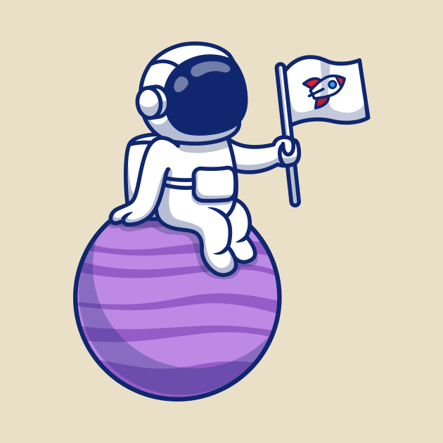 Cute Astronaut Sitting On Planet Holding Flag by Catalyst Labs