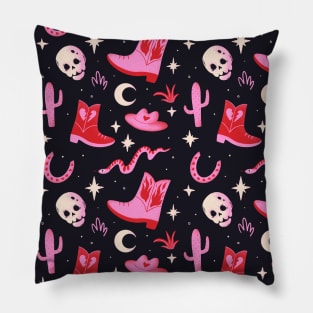 Wild west themed pattern, Cute skeleton cowboy, western boots, hat, lucky horseshoe, snake, cactus illustration Pillow