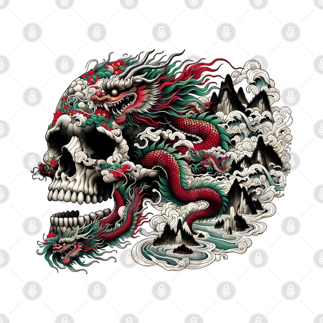 Skull and Chinese Dragon by TooplesArt