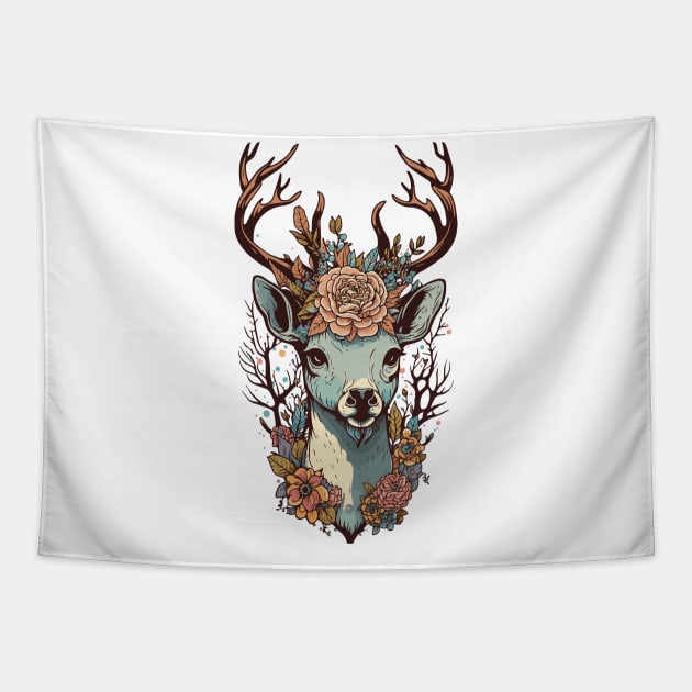 Deer Head Floral Design Tapestry by theprintculturecollective