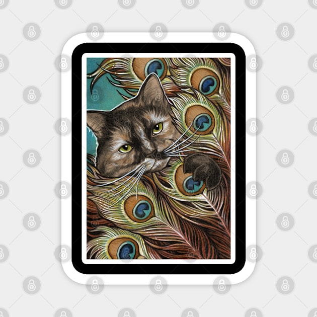 Tortie Cat and Peacock Feathers - White Outlined Version Magnet by Nat Ewert Art