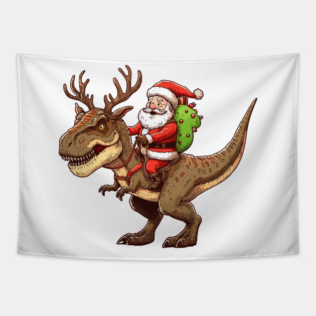 Santa Riding Dinosaur T-Rex Tapestry by katzura