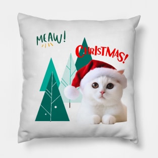 White Cat in Santa hat with Christmas Tree ,Brafdesign Pillow