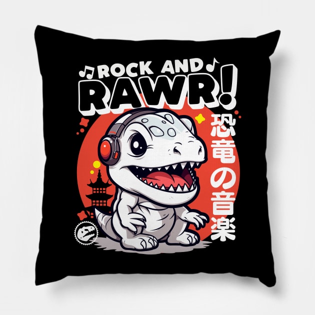 Rock & Rawr Kawaii Dinosaur T-Rex Music Japanese Style Pillow by DetourShirts