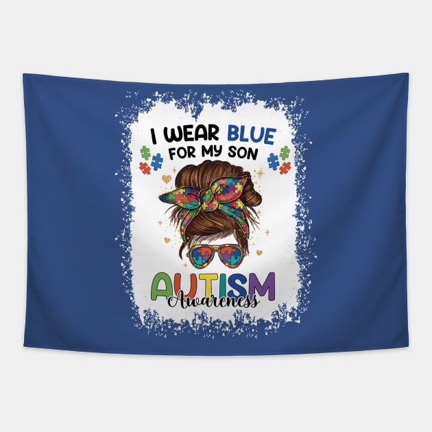 Autism Awareness shirt Mom Messy Bun I Wear Blue For My Son Tapestry by Imou designs