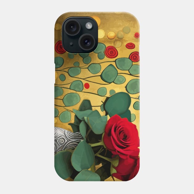 Red Roses and Eucalyptus Leaves in a Patterned Vase Phone Case by bragova