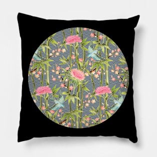 Bamboo, Birds and Blossom - grey Pillow