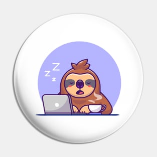 Sleepy Sloth With Laptop And Coffee Pin