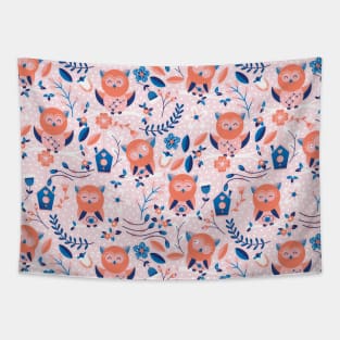 Cute Owl Birds and Flowers Tapestry