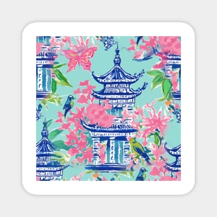 Preppy bubble gum pink and turquoise chinoiserie garden Magnet