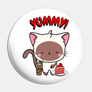 Cute white cat is having coffee and cake Pin