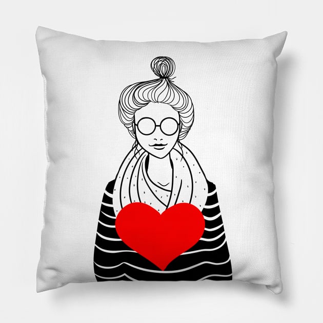 Stylish girl with scarf and big heart Pillow by fears