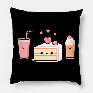 Kawaii Food Art with a Kawaii Cake, Kawaii Drink and Kawaii Milkshake | Cutesy Design Pillow