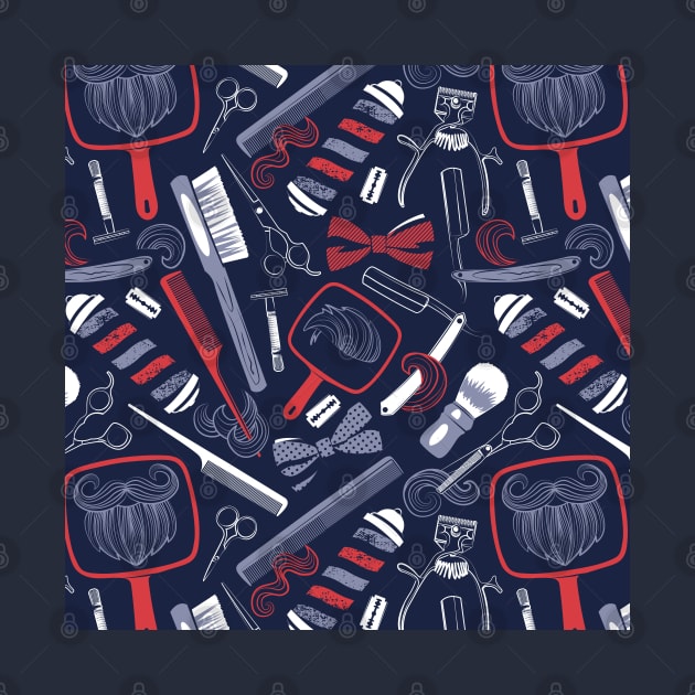 Shear shave shine // pattern // midnight blue background red white and blue vintage barber shop tools by SelmaCardoso