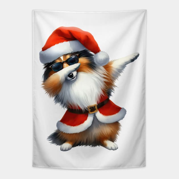 Christmas Shetland Sheepdog Dog Dabbing Dance Tapestry by Chromatic Fusion Studio