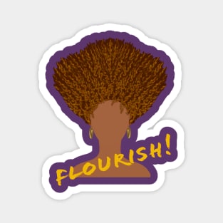 Flourish! Natural Hair Upward Curly Afro with Gold Earrings and Gold Lettering (Purple Background) Magnet
