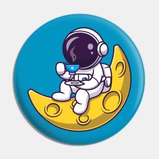 Cute Astronaut Drinking Coffee On The Moon Cartoon Pin