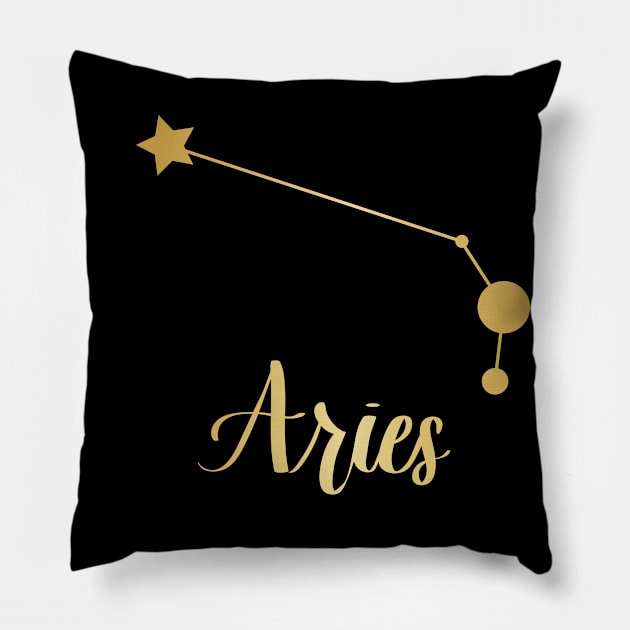 Aries Zodiac Constellation in Gold - Black Pillow by Kelly Gigi