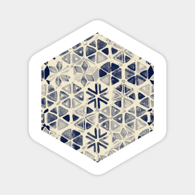 Hand Painted Triangle & Honeycomb Ink Pattern - indigo & cream Magnet by micklyn