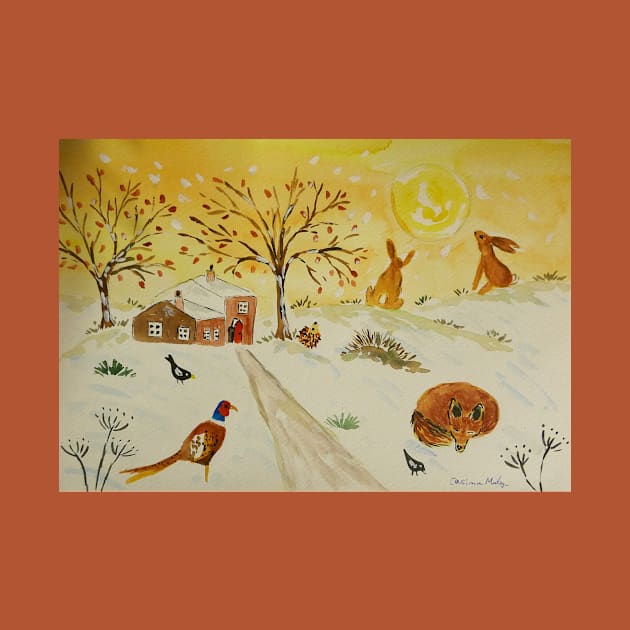 Fox, Hares and Pheasant in the Snow and Sun by Casimirasquirkyart