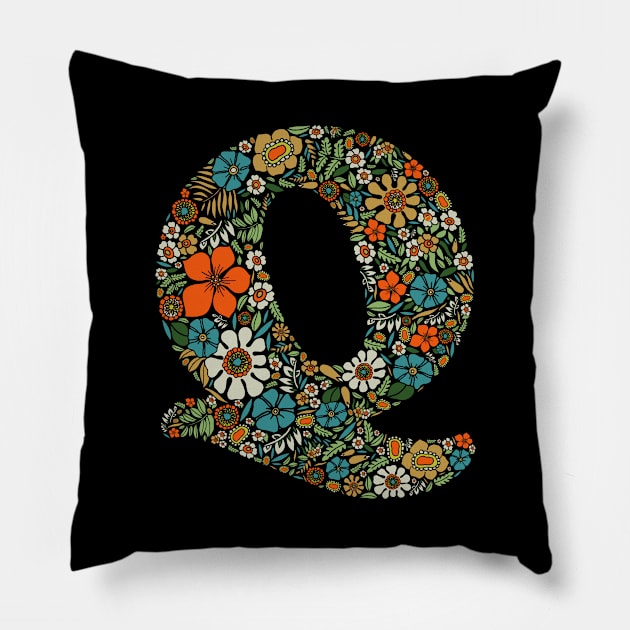 Hippie Floral Letter Q Pillow by zeljkica