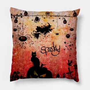 Funny halloween design, cat, pumpkin and witch Pillow