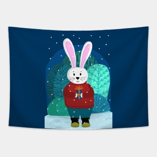 Cute winter bunny with gift illustration Tapestry