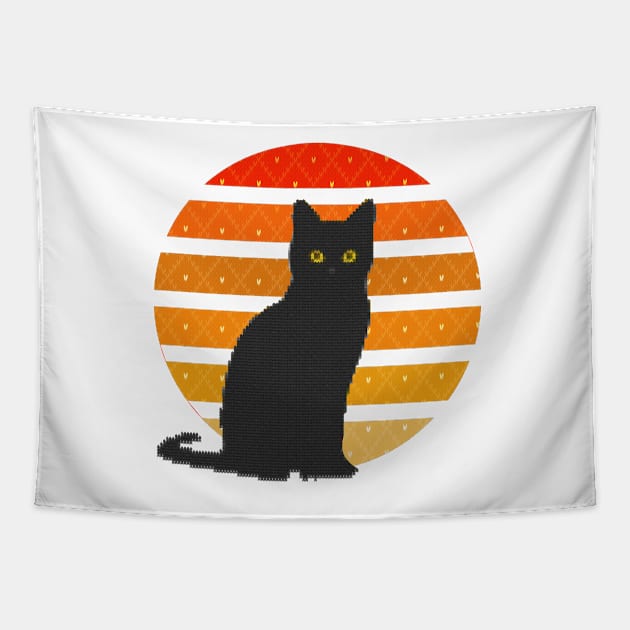 Black Cat Retro Sunset Tapestry by MidnightSky07