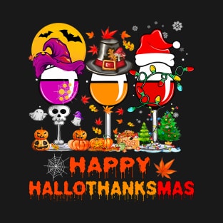 Happy Hallothanksmas Wine Glasses Witch Santa Hat Pumpkin T-Shirt