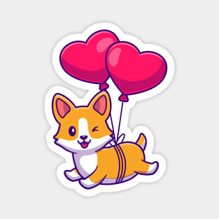 Cut Corgi Dog Floating With Heart Love Balloon Magnet