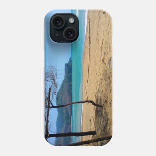 White sand beach with pine tree trunks and mountain in backround Phone Case