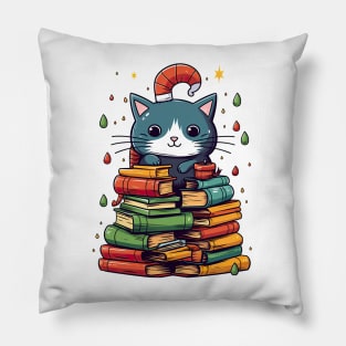 Funny Christmas Cat Books Tree Pillow