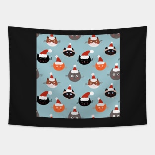 Cats in Santa Hats on Blue Tapestry