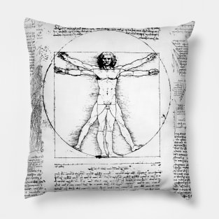 VITRUVIAN MAN Handwriting of Leonardo Da Vinci in Black White Pillow