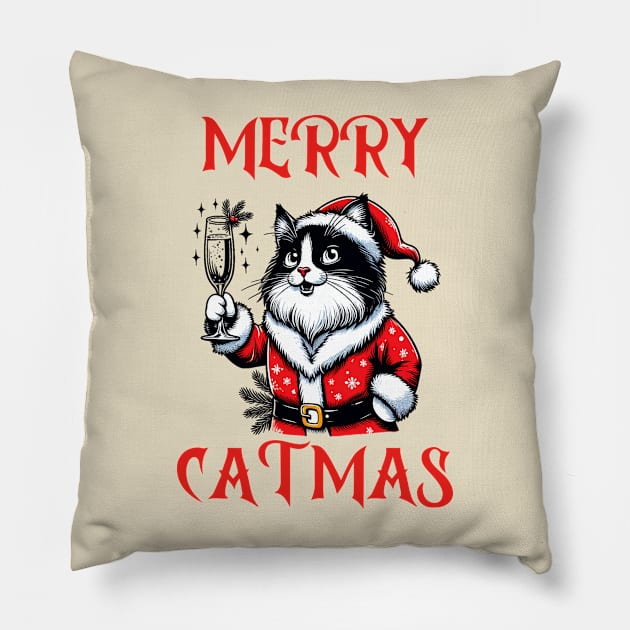 Black White Cat Christmas Pillow by BukovskyART