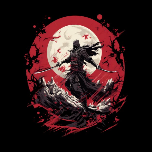 Ravishing Red Ninja: Menacing Monochrome Illustration by YUED