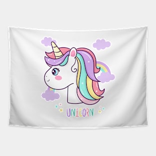 Cute unicorn head vector with rainbow cartoon Tapestry