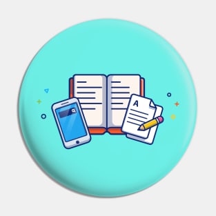 Hand Phone, Book, Paper, And Pencil Cartoon Pin