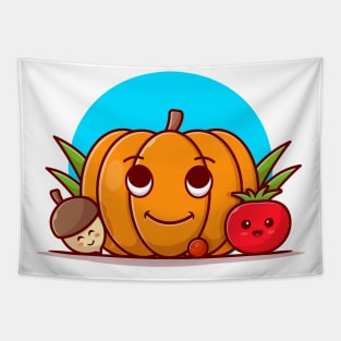 Happy Cute Pumpkin with Cute Acorn and Tomato Cartoon Vector Icon Illustration Tapestry