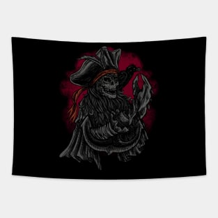 Skull pirate with claw hands crab crow friends back print. Tapestry