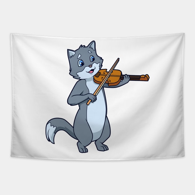 Comic cat playing violin Tapestry by Modern Medieval Design