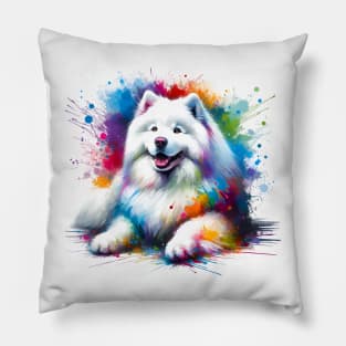 Samoyed Dog Captured in Colorful Abstract Splash Art Pillow