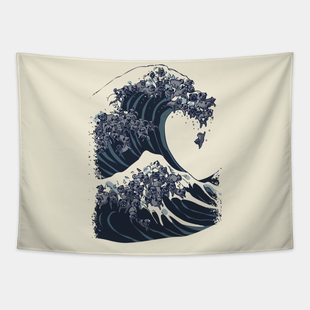 The Great Wave of Black Pug Tapestry by huebucket