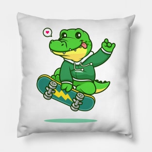 Cute crocodile playing skateboard cartoon vector icon illustration Pillow