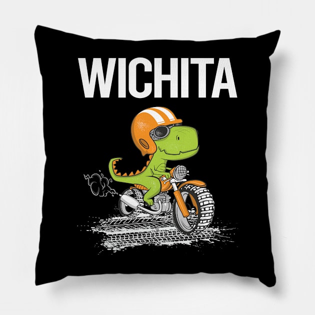 Biking Dinosaur Wichita Pillow by flaskoverhand