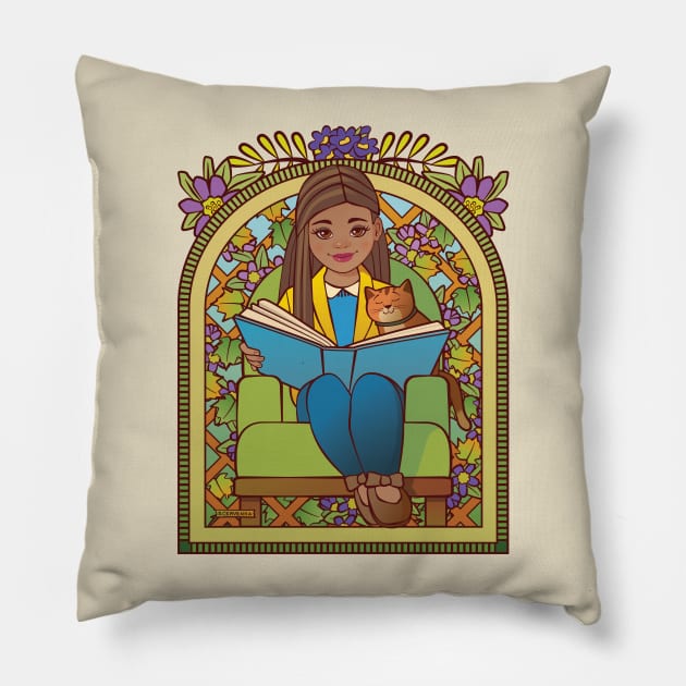 Girl Reading to Her Cat Pillow by Sue Cervenka