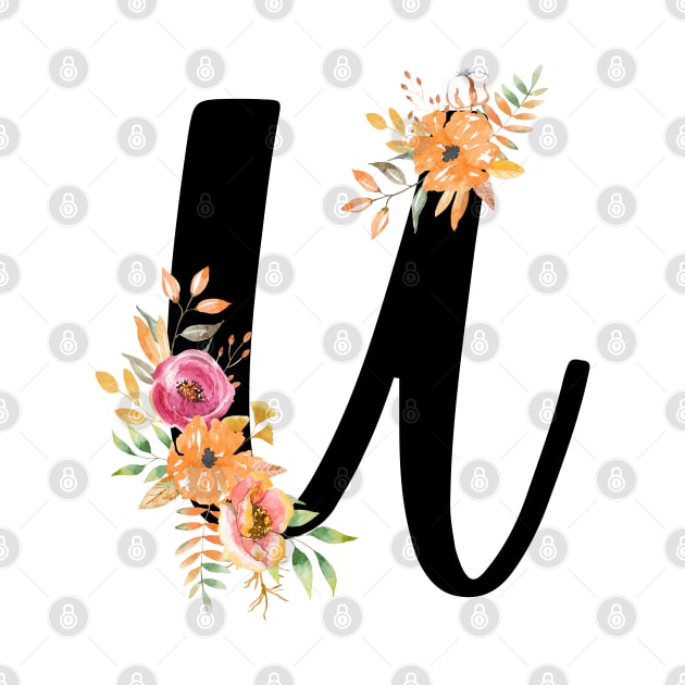 Letter U With Watercolor Floral Wreath by NatureGlow