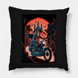 Skeleton Riding Motorbike On Flames Pillow